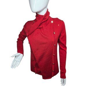 Calvin Klein Red Wool Knit Cardigan Wrap Sweater Women Sz S Decorative Gold Btns
